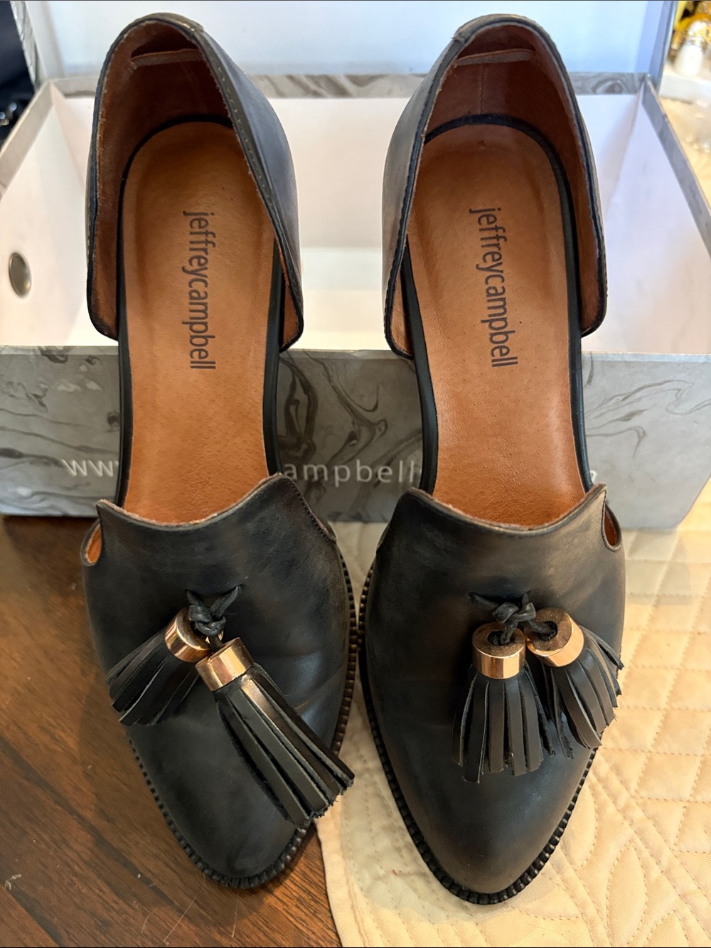 Jeffrey Campbell / Anthro Pearl Chunky Heels Leather Tassel Mules + Box